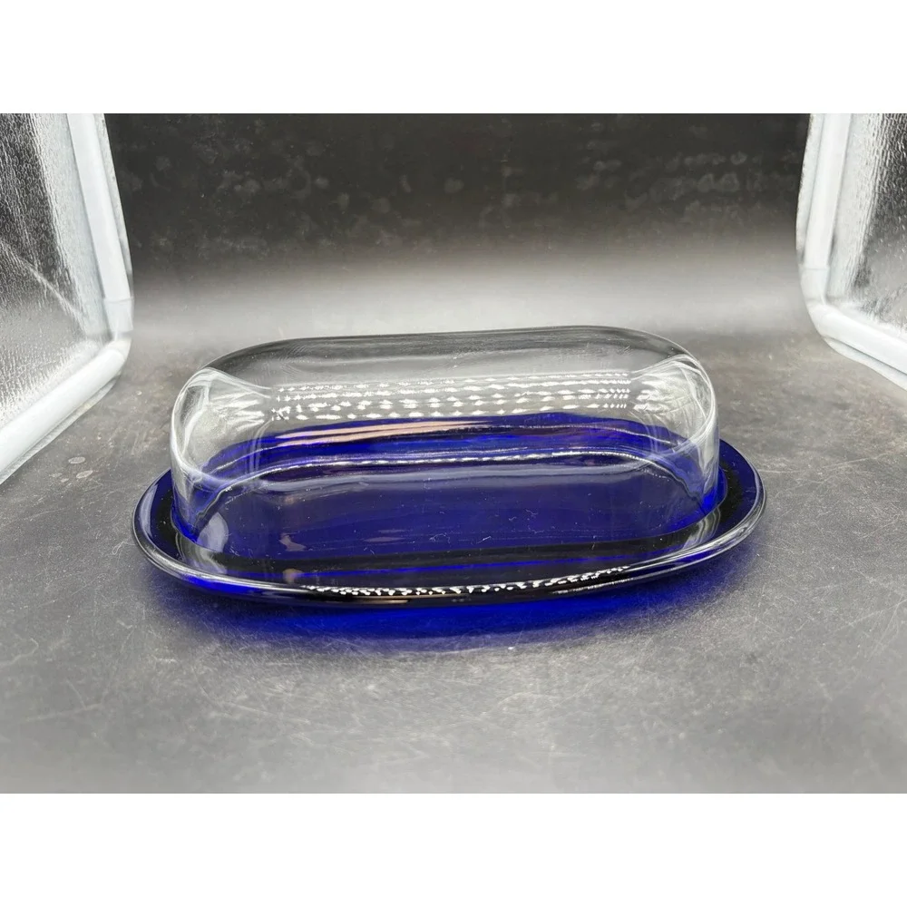 Vintage Cobalt Blue Glass Butter Dish with Clear Domed Lid Two Piece Set